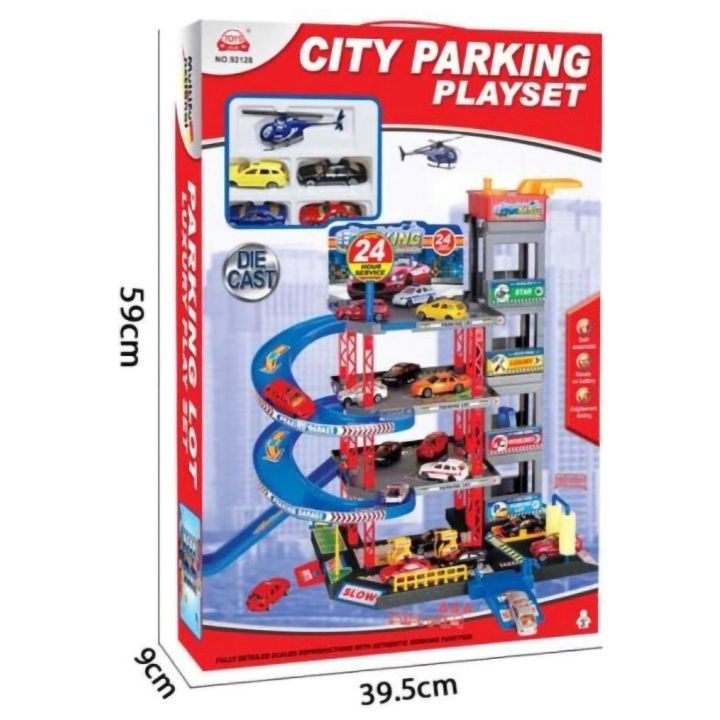 Parking Wielopoziomowy z Windą, Myjnią, Warsztatem i Stacją Benzynową – 4 Poziomy z akcesoriami | Mechaniczny garaż samochodowy