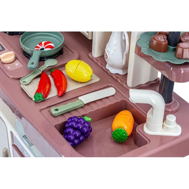 Wielofunkcyjna Kuchnia Beżowa dla Dzieci – Parą, wodą, piekarnik, lodówka i 65 akcesoriów | Realistyczna zabawa w gotowanie