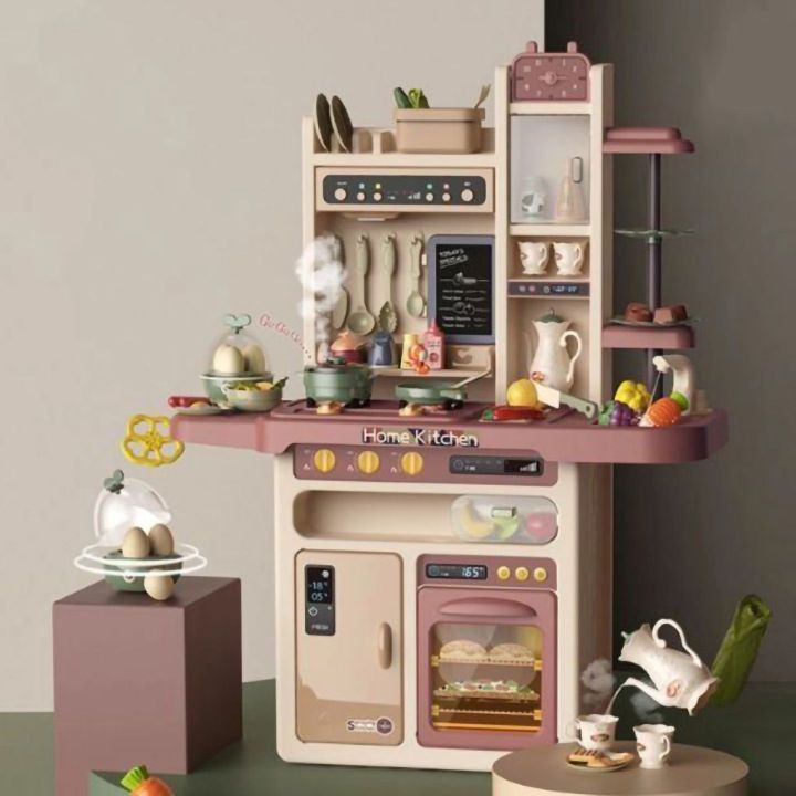 Wielofunkcyjna Kuchnia Beżowa dla Dzieci – Parą, wodą, piekarnik, lodówka i 65 akcesoriów | Realistyczna zabawa w gotowanie