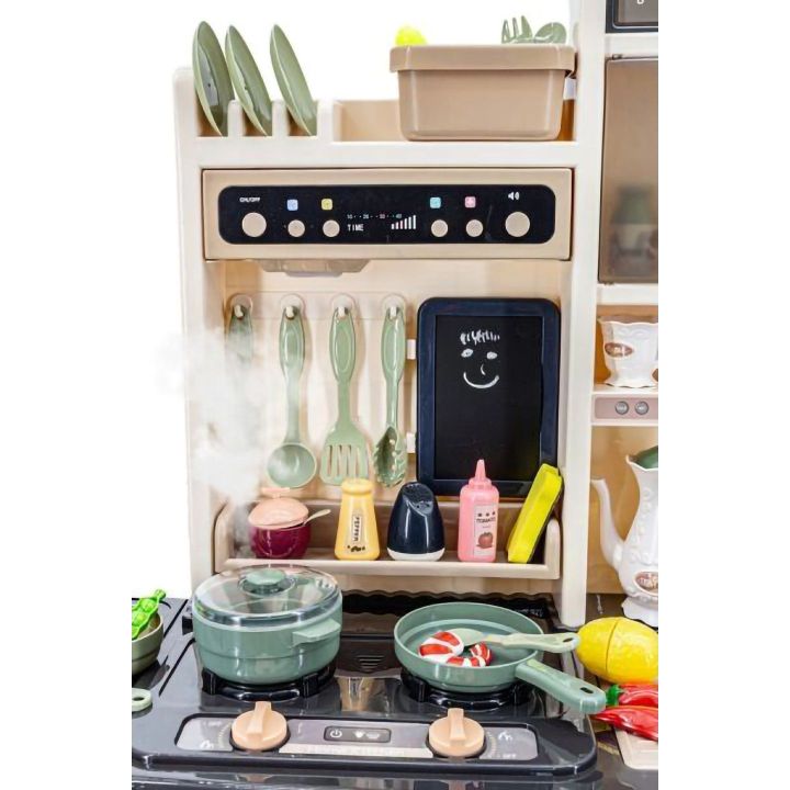 Wielofunkcyjna Kuchnia Beżowa-Szara dla Dzieci – Parą, wodą, piekarnik, lodówka i 65 akcesoriów | Gotowanie z realistyczną parą