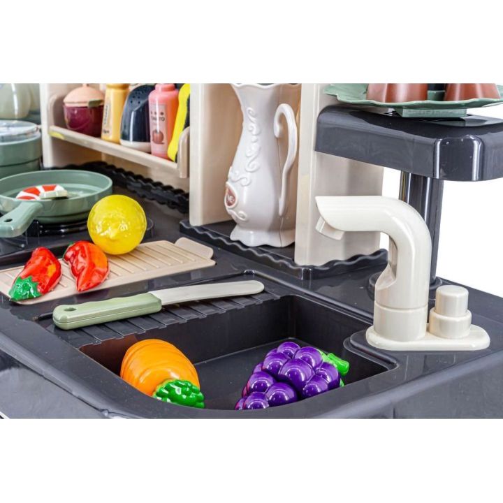 Wielofunkcyjna Kuchnia Beżowa-Szara dla Dzieci – Parą, wodą, piekarnik, lodówka i 65 akcesoriów | Gotowanie z realistyczną parą