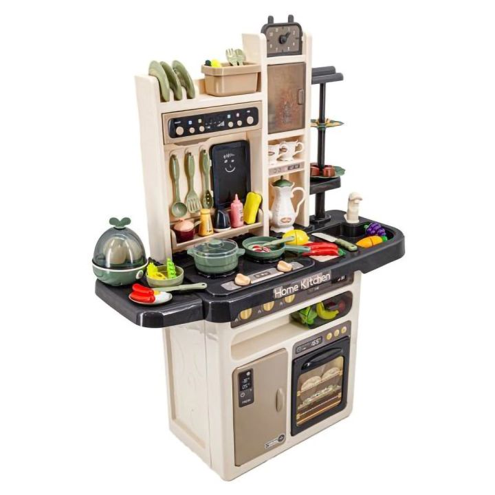 Wielofunkcyjna Kuchnia Beżowa-Szara dla Dzieci – Parą, wodą, piekarnik, lodówka i 65 akcesoriów | Gotowanie z realistyczną parą