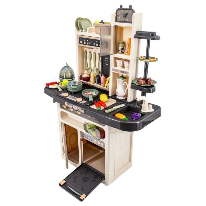 Wielofunkcyjna Kuchnia Beżowa-Szara dla Dzieci – Parą, wodą, piekarnik, lodówka i 65 akcesoriów | Gotowanie z realistyczną parą