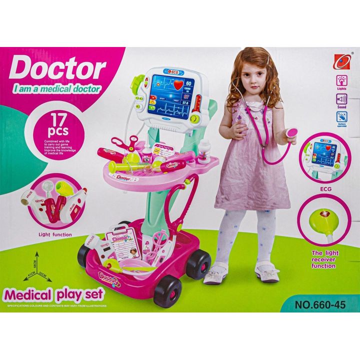 Różowy Wózek Lekarski dla Dzieci z Akcesoriami – Stetoskop, termometr i monitor EKG | Zabawa w doktora z pasją i troską