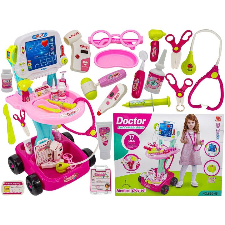 Różowy Wózek Lekarski dla Dzieci z Akcesoriami – Stetoskop, termometr i monitor EKG | Zabawa w doktora z pasją i troską