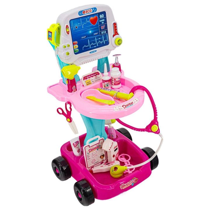 Różowy Wózek Lekarski dla Dzieci z Akcesoriami – Stetoskop, termometr i monitor EKG | Zabawa w doktora z pasją i troską
