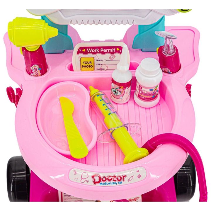 Różowy Wózek Lekarski dla Dzieci z Akcesoriami – Stetoskop, termometr i monitor EKG | Zabawa w doktora z pasją i troską