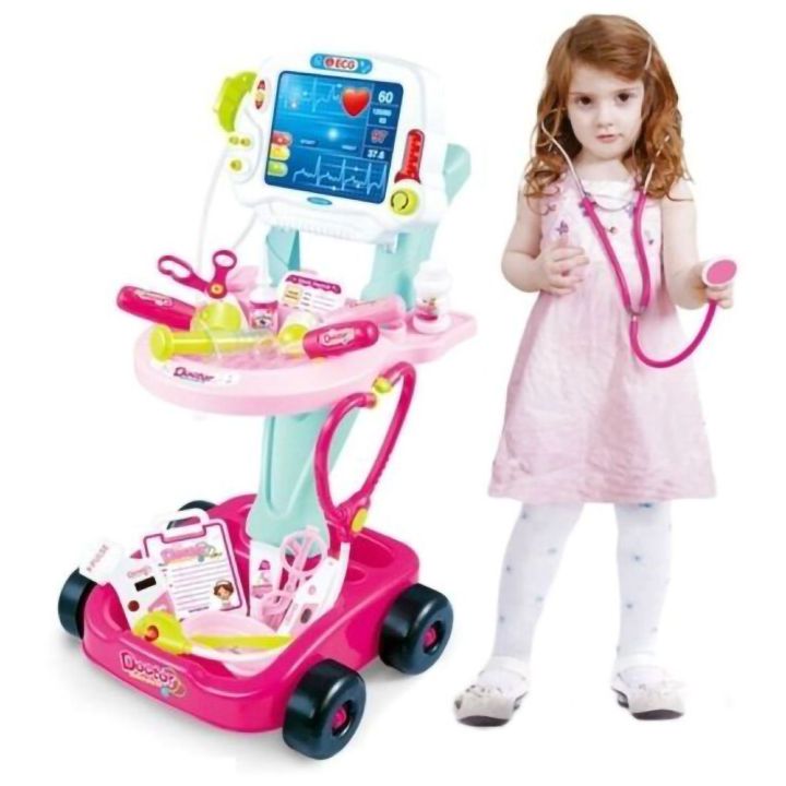 Różowy Wózek Lekarski dla Dzieci z Akcesoriami – Stetoskop, termometr i monitor EKG | Zabawa w doktora z pasją i troską