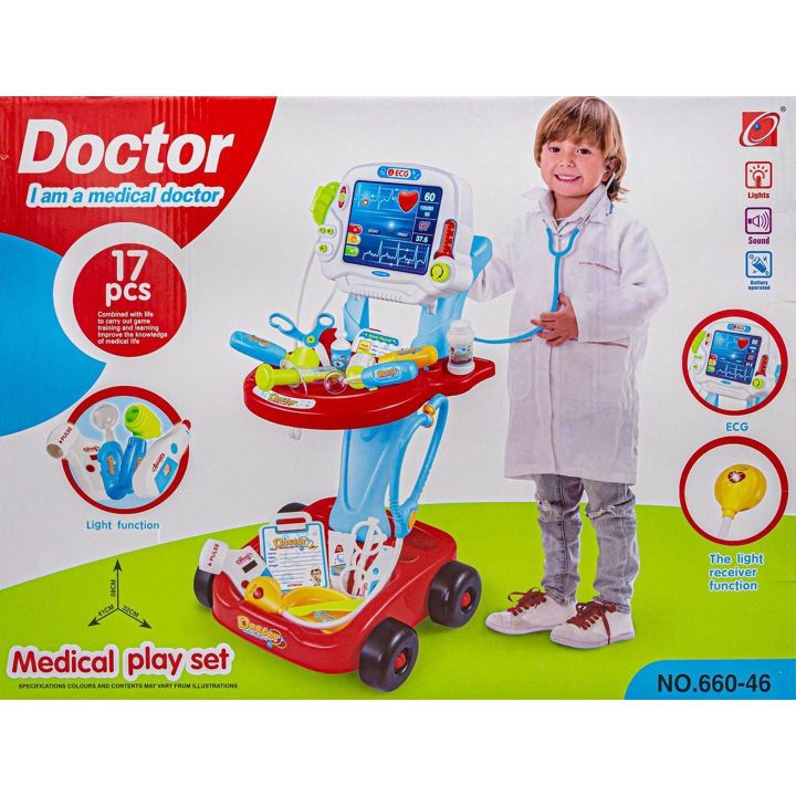 Czerwony Wózek Lekarski dla Dzieci z Akcesoriami – Stetoskop, termometr i monitor EKG | Interaktywna zabawa w szpital