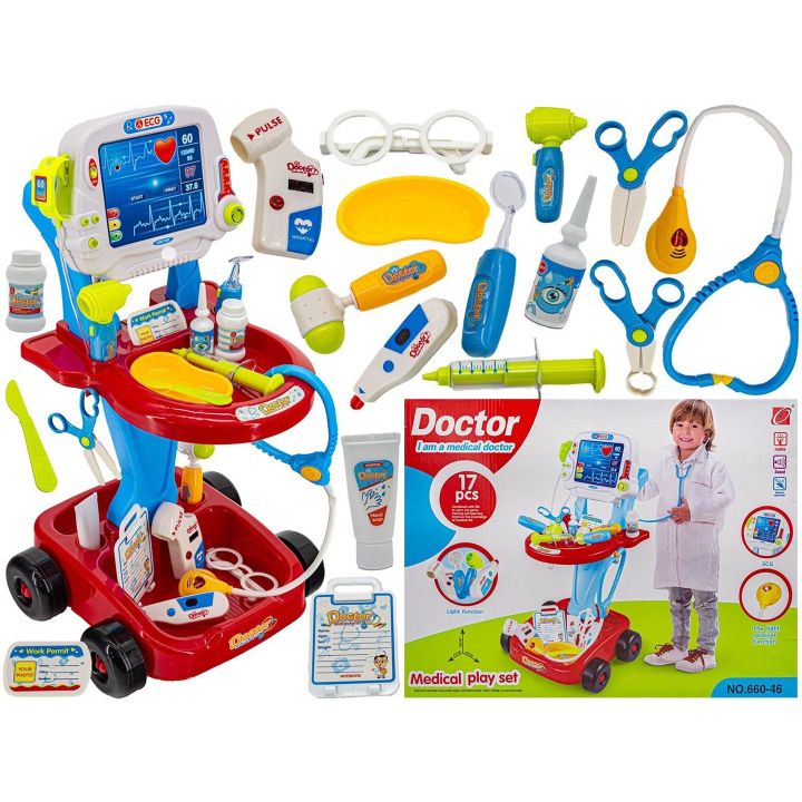 Czerwony Wózek Lekarski dla Dzieci z Akcesoriami – Stetoskop, termometr i monitor EKG | Interaktywna zabawa w szpital