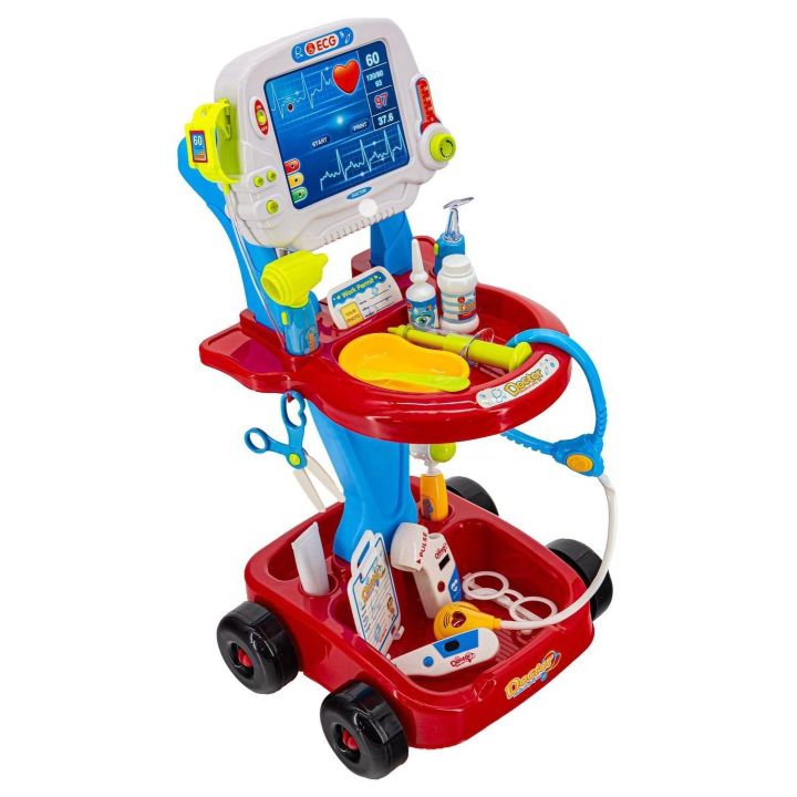 Czerwony Wózek Lekarski dla Dzieci z Akcesoriami – Stetoskop, termometr i monitor EKG | Interaktywna zabawa w szpital