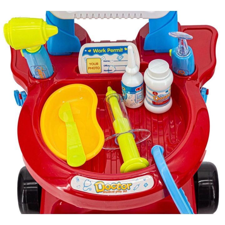 Czerwony Wózek Lekarski dla Dzieci z Akcesoriami – Stetoskop, termometr i monitor EKG | Interaktywna zabawa w szpital