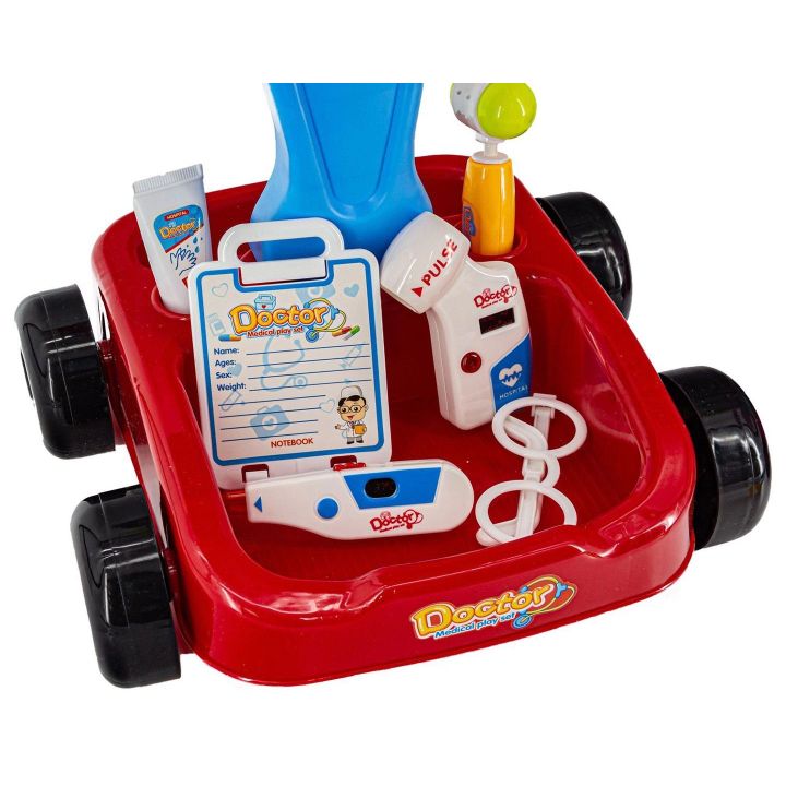Czerwony Wózek Lekarski dla Dzieci z Akcesoriami – Stetoskop, termometr i monitor EKG | Interaktywna zabawa w szpital