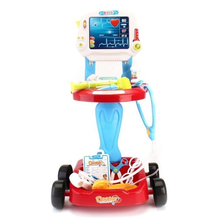 Czerwony Wózek Lekarski dla Dzieci z Akcesoriami – Stetoskop, termometr i monitor EKG | Interaktywna zabawa w szpital