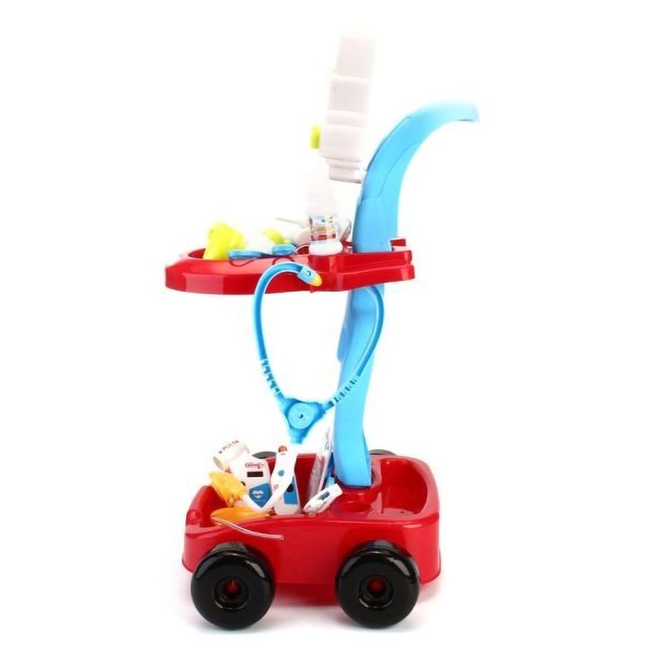 Czerwony Wózek Lekarski dla Dzieci z Akcesoriami – Stetoskop, termometr i monitor EKG | Interaktywna zabawa w szpital