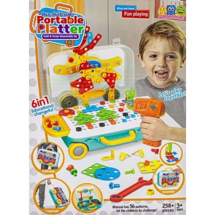 Mozaika 3D Konstrukcyjna 258 Elementów – Wkrętarka i walizka podróżna | Mobilny warsztat małego twórcy