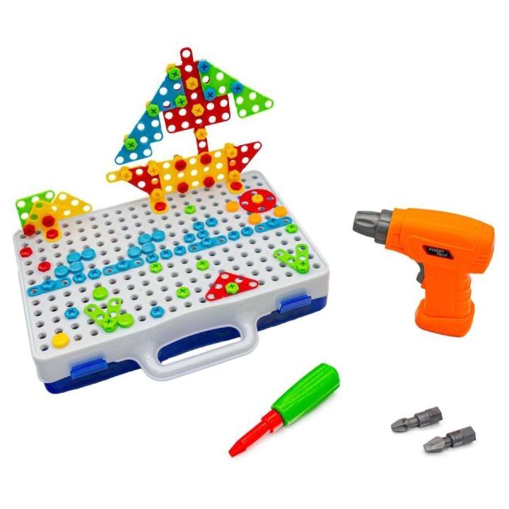 Mozaika 3D Edukacyjna 237 Elementów – Wkrętarka i walizka | Przestrzenne konstrukcje dla małych architektów