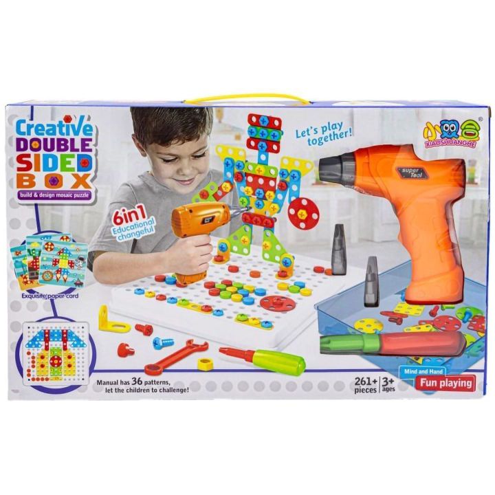 Mozaika 3D Edukacyjna 237 Elementów – Wkrętarka, skrzynka i szablony | Budowanie z inspiracją graficzną