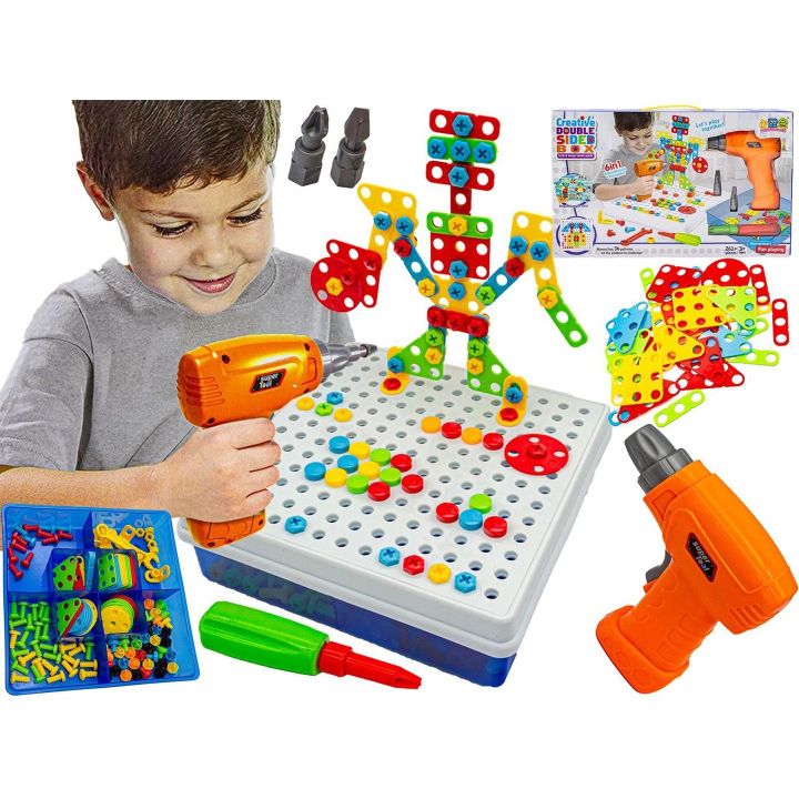 Mozaika Edukacyjna 3D z Wkrętarką i Szablonami – 261 elementów w skrzynce sorterze | Budowanie z inspiracją graficzną