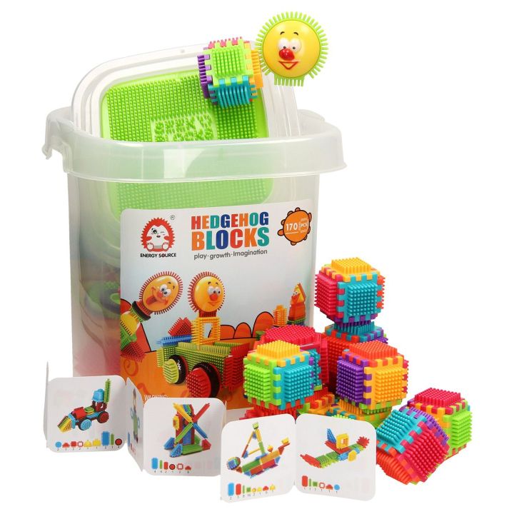 Klocki Jeżyki 170 Elementów – Zestaw konstrukcyjny w wiaderku, buźki i więcej kształtów | Kreatywna zabawa sensoryczna