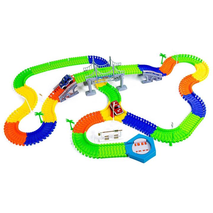 Flexible Track 240 Elementów – Giętki tor samochodowy z mostem i tunelami | Rozbudowany zestaw wyścigowy