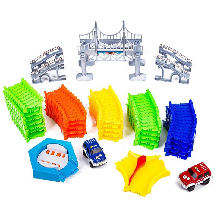 Flexible Track 240 Elementów – Giętki tor samochodowy z mostem i tunelami | Rozbudowany zestaw wyścigowy