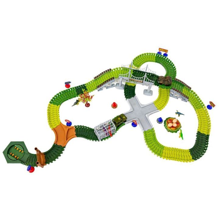 Flexible Track Park Dinozaurów 240 Elementów – Jeżdżący T-Rex, 6 dinozaurów i gniazdo | Jurajski Tor Przygód