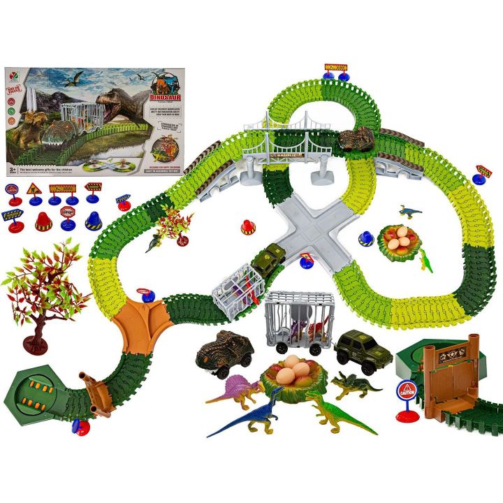 Flexible Track Park Dinozaurów 240 Elementów – Jeżdżący T-Rex, 6 dinozaurów i gniazdo | Jurajski Tor Przygód