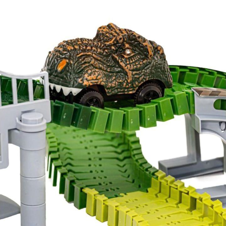 Flexible Track Park Dinozaurów 240 Elementów – Jeżdżący T-Rex, 6 dinozaurów i gniazdo | Jurajski Tor Przygód