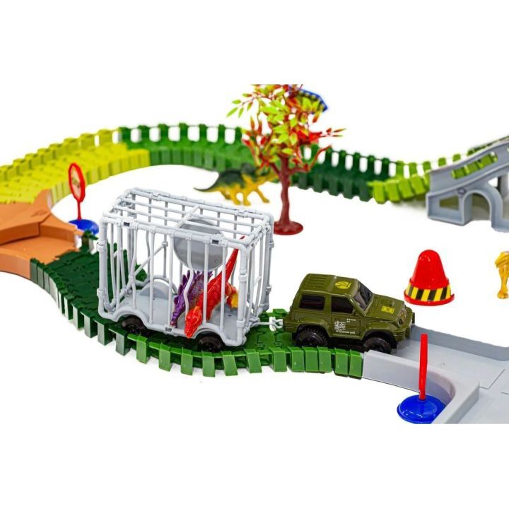 Flexible Track Park Dinozaurów 240 Elementów – Jeżdżący T-Rex, 6 dinozaurów i gniazdo | Jurajski Tor Przygód