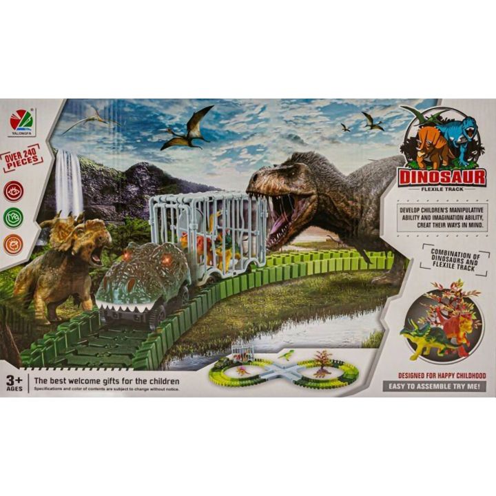Flexible Track Park Dinozaurów 240 Elementów – Jeżdżący T-Rex, 6 dinozaurów i gniazdo | Jurajski Tor Przygód