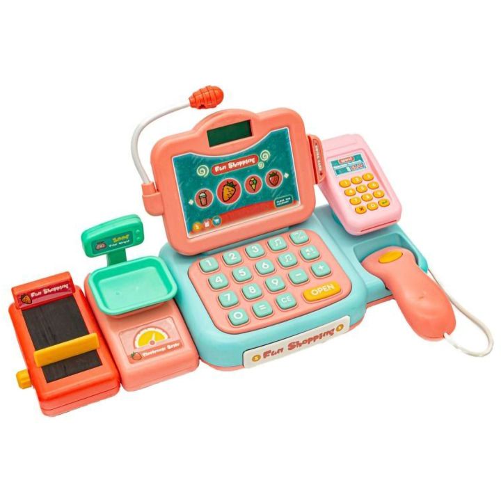 Kasa Sklepowa Błękitno-Różowa dla Dzieci Interaktywna – Mikrofon, czytnik kodów, waga | Realistyczna zabawa w nowoczesny sklep