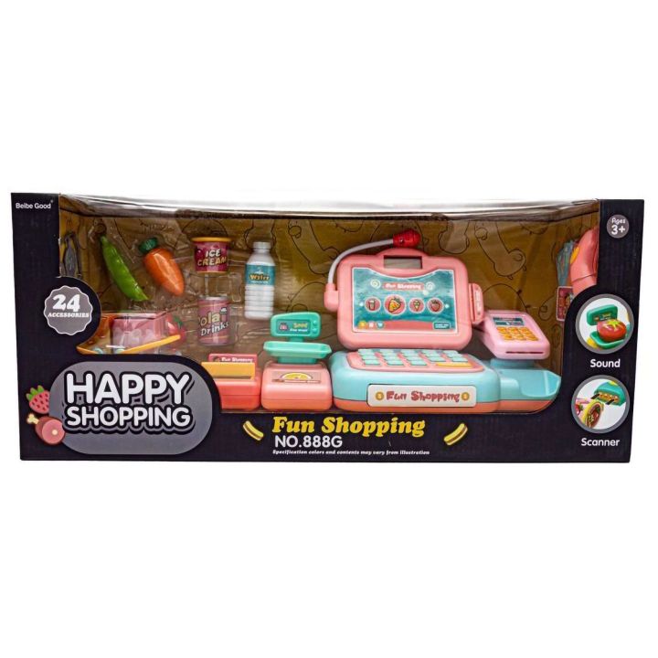 Kasa Sklepowa Błękitno-Różowa dla Dzieci Interaktywna – Mikrofon, czytnik kodów, waga | Realistyczna zabawa w nowoczesny sklep