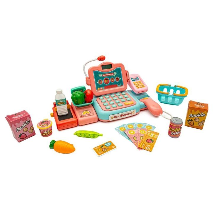 Kasa Sklepowa Błękitno-Różowa dla Dzieci Interaktywna – Mikrofon, czytnik kodów, waga | Realistyczna zabawa w nowoczesny sklep