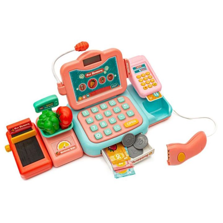 Kasa Sklepowa Błękitno-Różowa dla Dzieci Interaktywna – Mikrofon, czytnik kodów, waga | Realistyczna zabawa w nowoczesny sklep