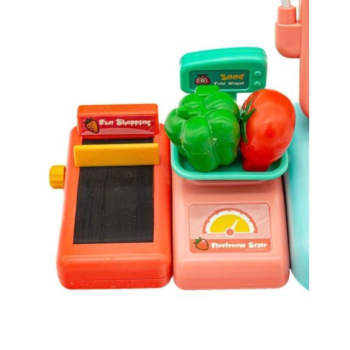 Kasa Sklepowa Błękitno-Różowa dla Dzieci Interaktywna – Mikrofon, czytnik kodów, waga | Realistyczna zabawa w nowoczesny sklep