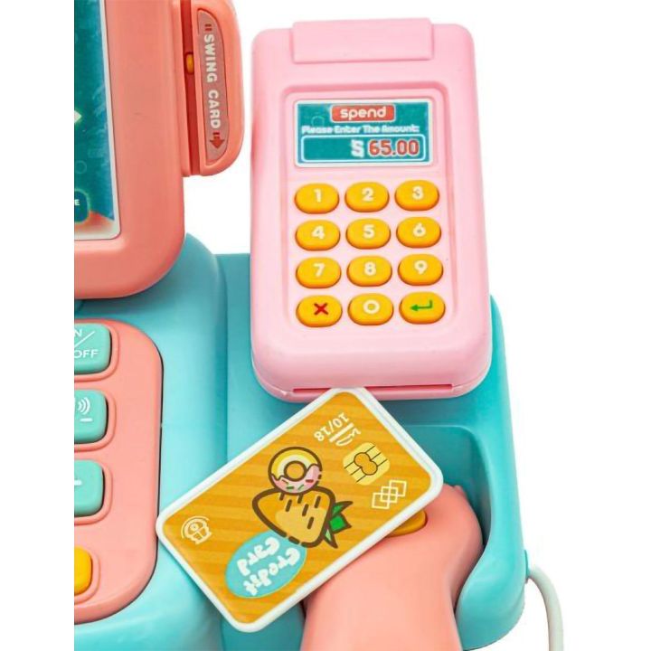 Kasa Sklepowa Błękitno-Różowa dla Dzieci Interaktywna – Mikrofon, czytnik kodów, waga | Realistyczna zabawa w nowoczesny sklep