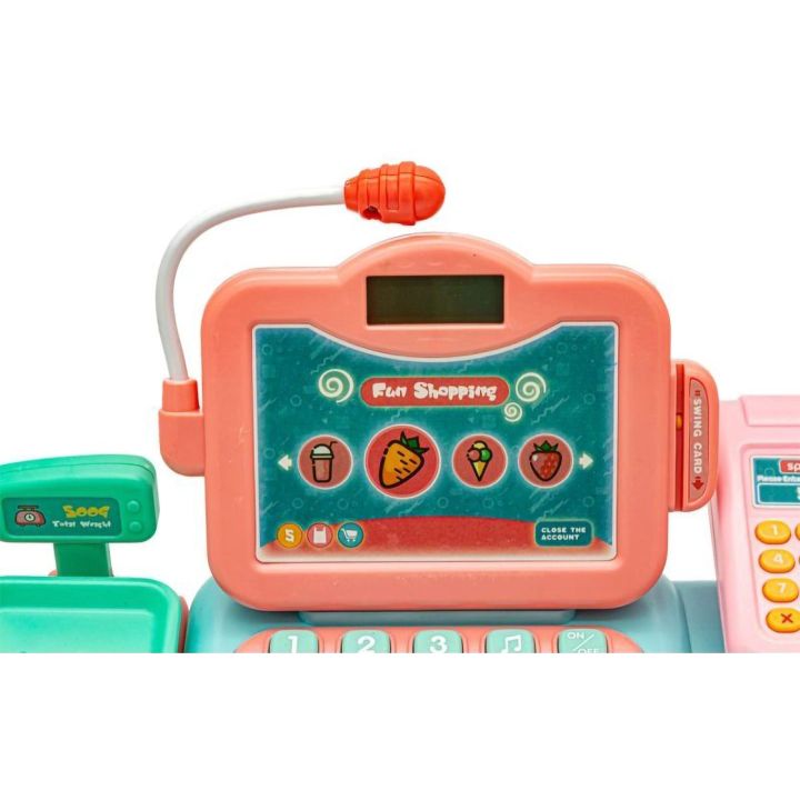 Kasa Sklepowa Błękitno-Różowa dla Dzieci Interaktywna – Mikrofon, czytnik kodów, waga | Realistyczna zabawa w nowoczesny sklep