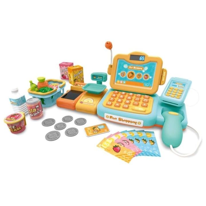 Kasa Sklepowa Błękitno-Pomarańczowa dla Dzieci Interaktywna – Mikrofon, czytnik kodów, waga | Edukacyjna zabawa w sklep XXI w.