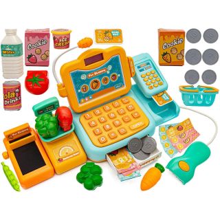 Kasa Sklepowa Błękitno-Pomarańczowa dla Dzieci Interaktywna – Mikrofon, czytnik kodów, waga | Edukacyjna zabawa w sklep XXI w.