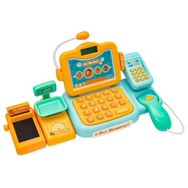 Kasa Sklepowa Błękitno-Pomarańczowa dla Dzieci Interaktywna – Mikrofon, czytnik kodów, waga | Edukacyjna zabawa w sklep XXI w.