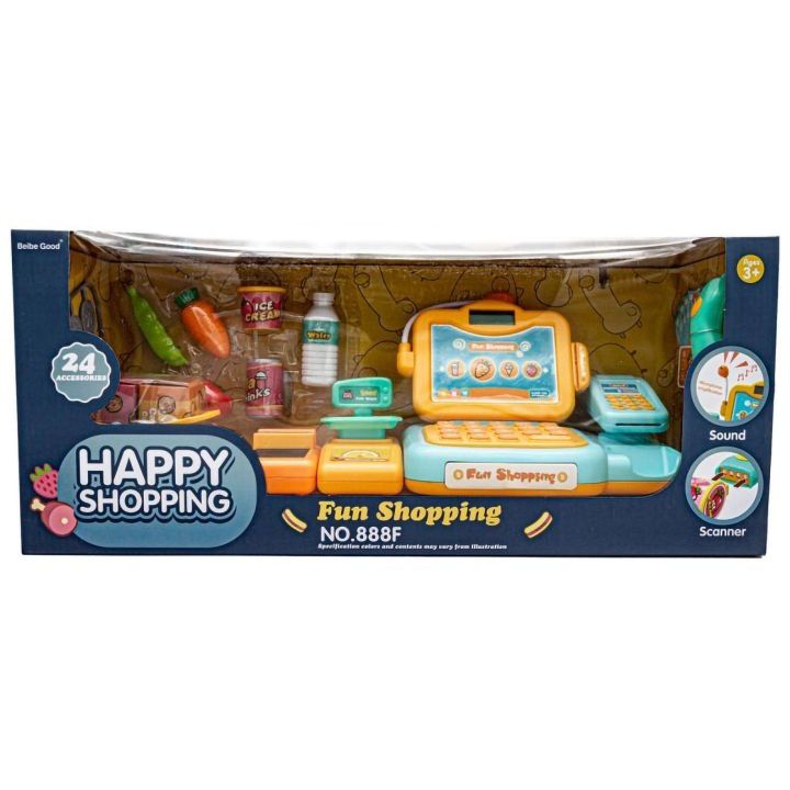 Kasa Sklepowa Błękitno-Pomarańczowa dla Dzieci Interaktywna – Mikrofon, czytnik kodów, waga | Edukacyjna zabawa w sklep XXI w.