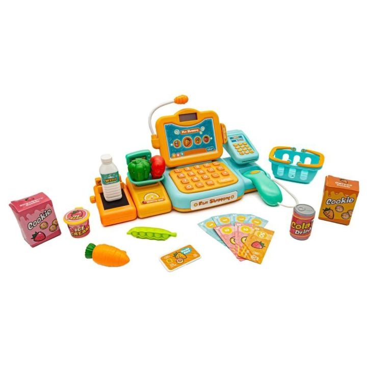 Kasa Sklepowa Błękitno-Pomarańczowa dla Dzieci Interaktywna – Mikrofon, czytnik kodów, waga | Edukacyjna zabawa w sklep XXI w.