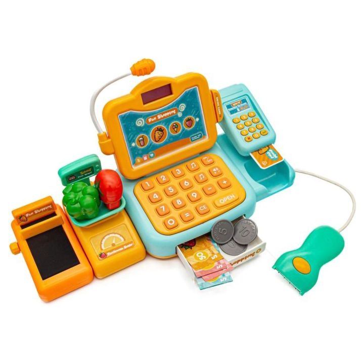 Kasa Sklepowa Błękitno-Pomarańczowa dla Dzieci Interaktywna – Mikrofon, czytnik kodów, waga | Edukacyjna zabawa w sklep XXI w.