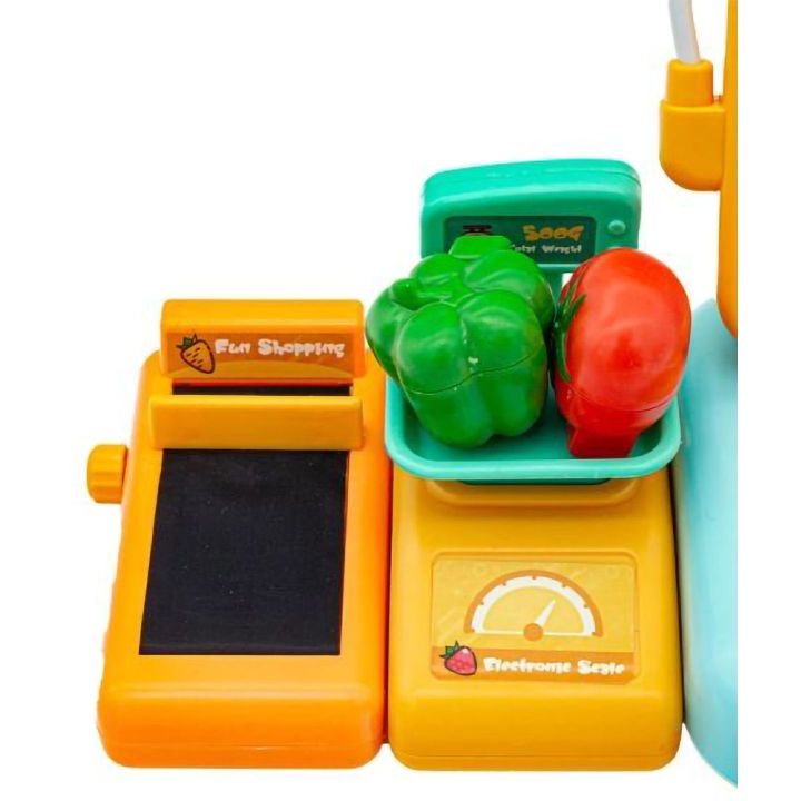 Kasa Sklepowa Błękitno-Pomarańczowa dla Dzieci Interaktywna – Mikrofon, czytnik kodów, waga | Edukacyjna zabawa w sklep XXI w.