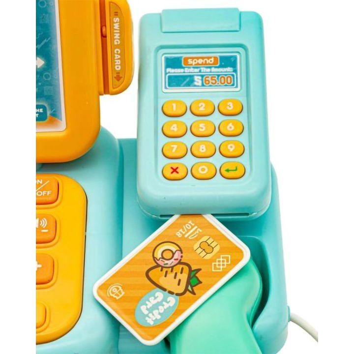 Kasa Sklepowa Błękitno-Pomarańczowa dla Dzieci Interaktywna – Mikrofon, czytnik kodów, waga | Edukacyjna zabawa w sklep XXI w.