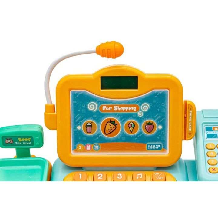 Kasa Sklepowa Błękitno-Pomarańczowa dla Dzieci Interaktywna – Mikrofon, czytnik kodów, waga | Edukacyjna zabawa w sklep XXI w.