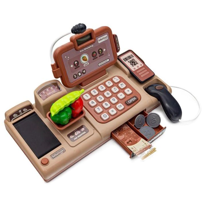Kasa Sklepowa Beżowa dla Dzieci Wielofunkcyjna – Czytnik kodów, prawdziwa waga, zbliżeniowość | Nowoczesne zakupy z technologią