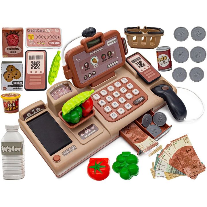 Kasa Sklepowa Beżowa dla Dzieci Wielofunkcyjna – Czytnik kodów, prawdziwa waga, zbliżeniowość | Nowoczesne zakupy z technologią