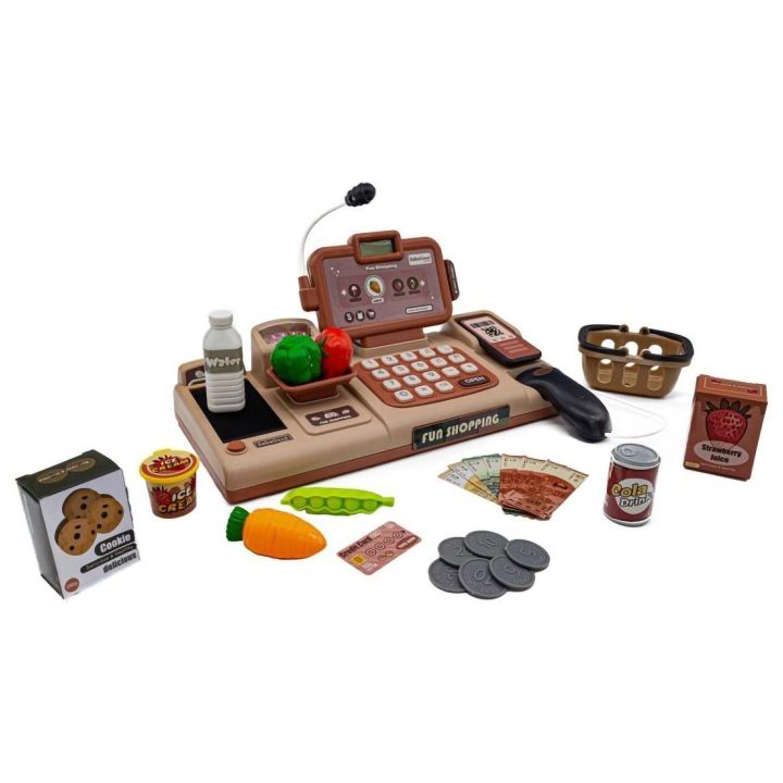 Kasa Sklepowa Beżowa dla Dzieci Wielofunkcyjna – Czytnik kodów, prawdziwa waga, zbliżeniowość | Nowoczesne zakupy z technologią